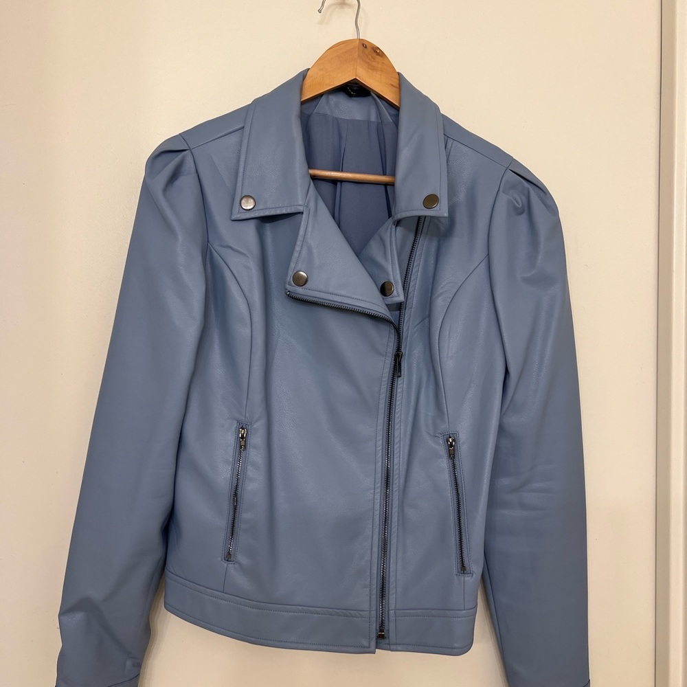 Light Blue Vegan Leather Motto Jacket